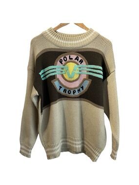 Vintage 80s Knit Winter Sweater Womens L/XL Pastel Polar Trophy Novelty Unique